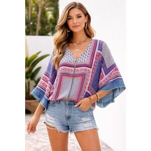 Orfeonegro Rayon Boho Multi PatchPrint Wide Sleeve Top Women’s Size Small